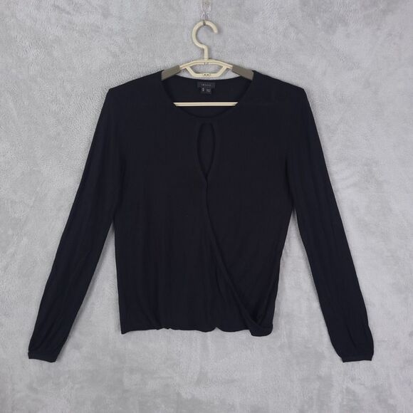 Theory Top Knit Blouse Women Black Sz M Long Sleeve Silk Blend Faux Wrap Keyhole - Picture 1 of 13